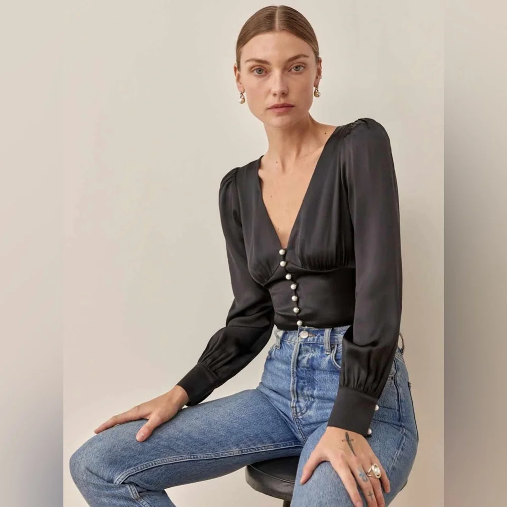 Reformation Cadence Silk Top in Black Embellished